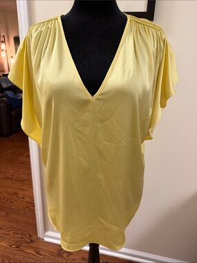 White House Black Market Yellow V-Neck Flutter Sleeve Blouse
